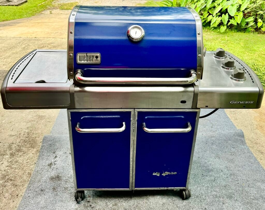 Contact us for a sparkling clean like this pristine blue gas grill